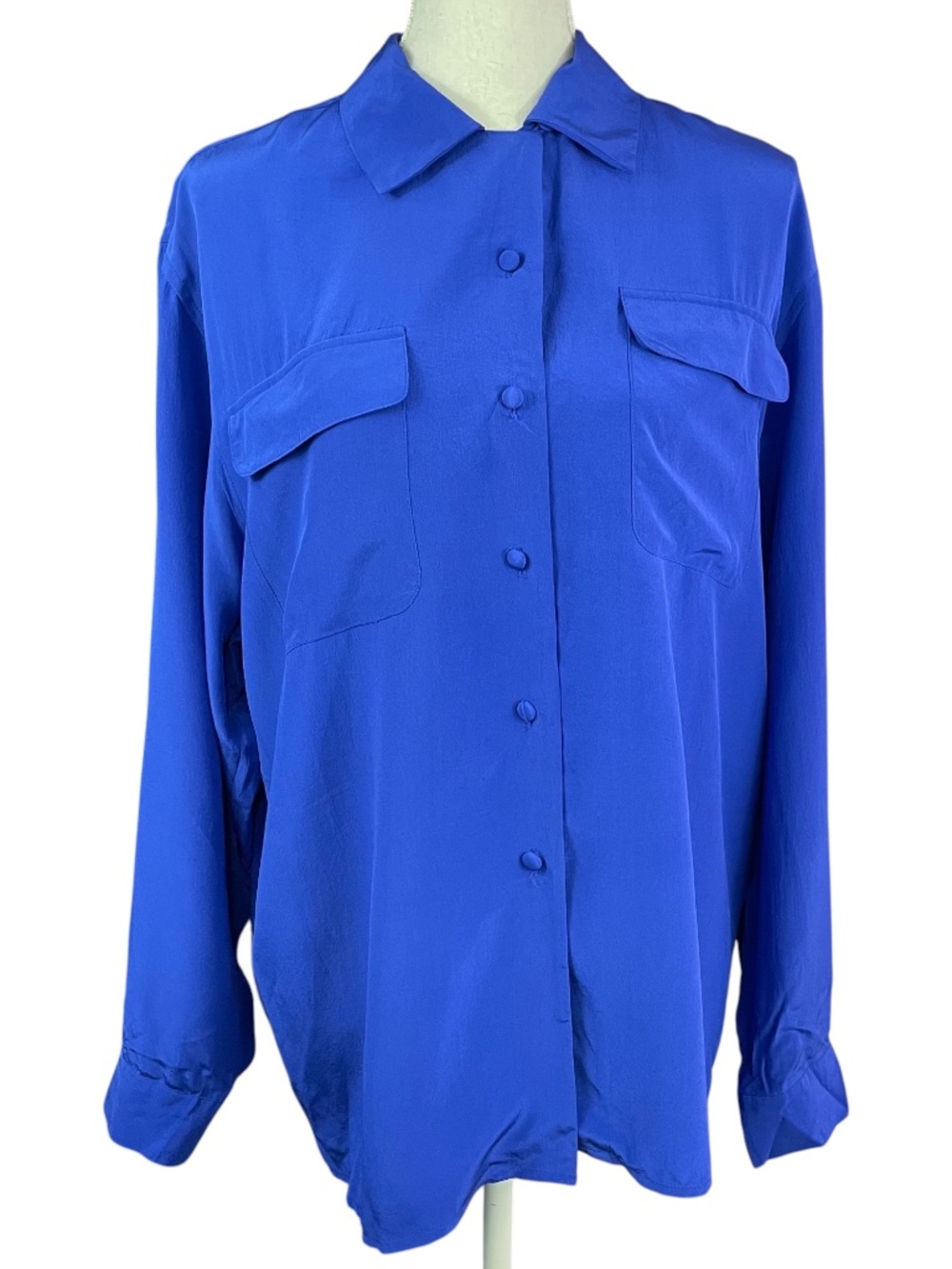 100% Silk Blouse L Cobalt Blue Crepe de Chine Button-up Shirt Business Casual
